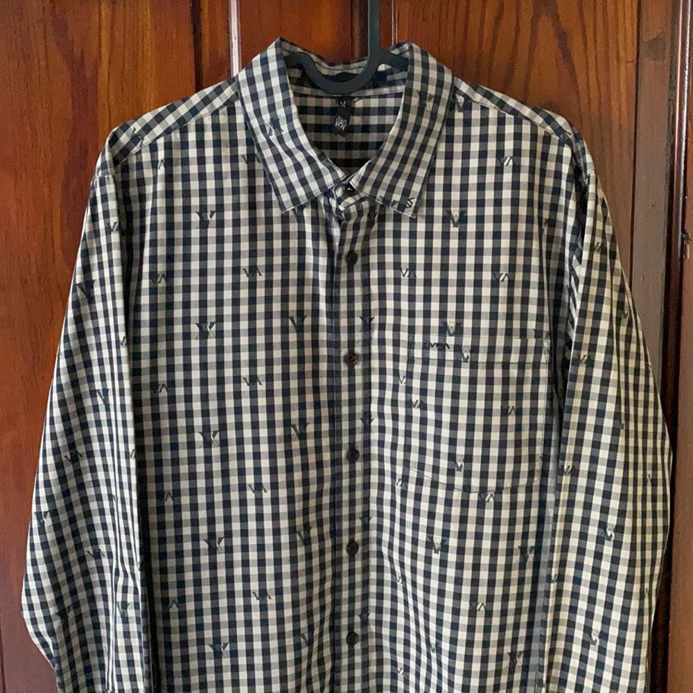 RVCA Mens M Casual Button Up Shirt Gingham Pattern Tan and Black